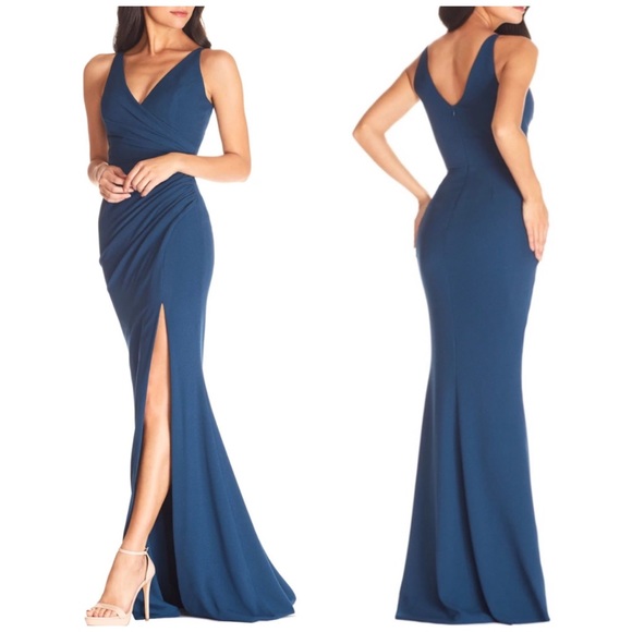 Dress the Population Dresses & Skirts - DTP Jordan Ruched Side Slit Gown in Peacock Blue